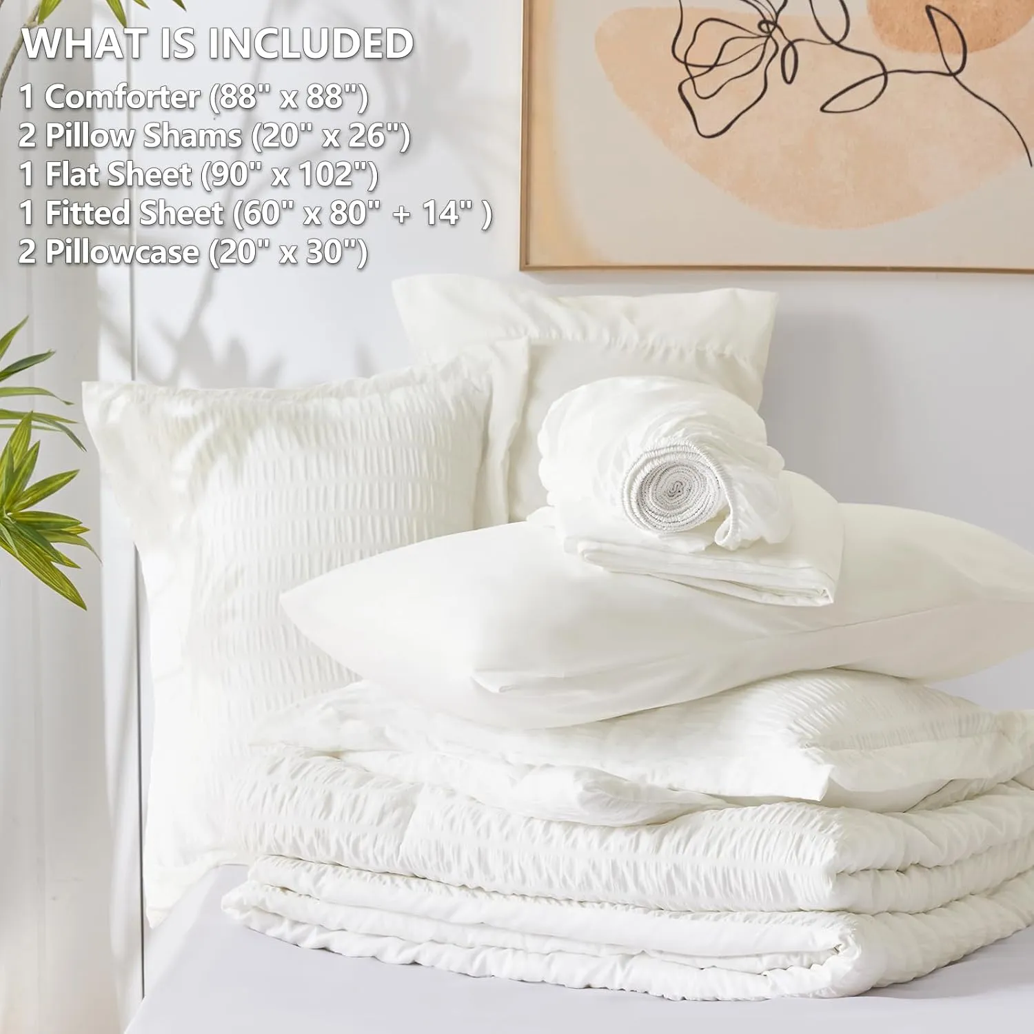 CozyLux Queen Seersucker Comforter Set with Sheets Ivory Bed in a Bag 7-Pieces All Season Bedding Sets with Comforter, Pillow Sham, Flat Sheet, Fitted Sheet, Pillowcase