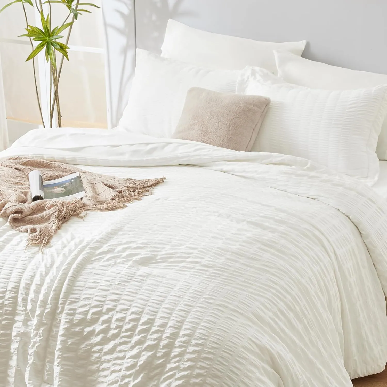 CozyLux Queen Seersucker Comforter Set with Sheets Ivory Bed in a Bag 7-Pieces All Season Bedding Sets with Comforter, Pillow Sham, Flat Sheet, Fitted Sheet, Pillowcase