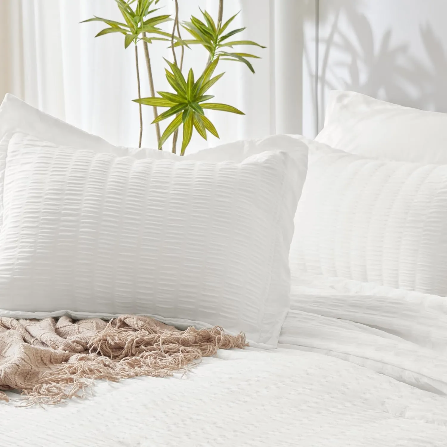 CozyLux Twin Bed in a Bag White Seersucker Textured Comforter Set with Sheets 5-Pieces for Girls and Boys - Bedding Sets with Comforter, Pillow Sham, Flat Sheet, Fitted Sheet, Pillowcase