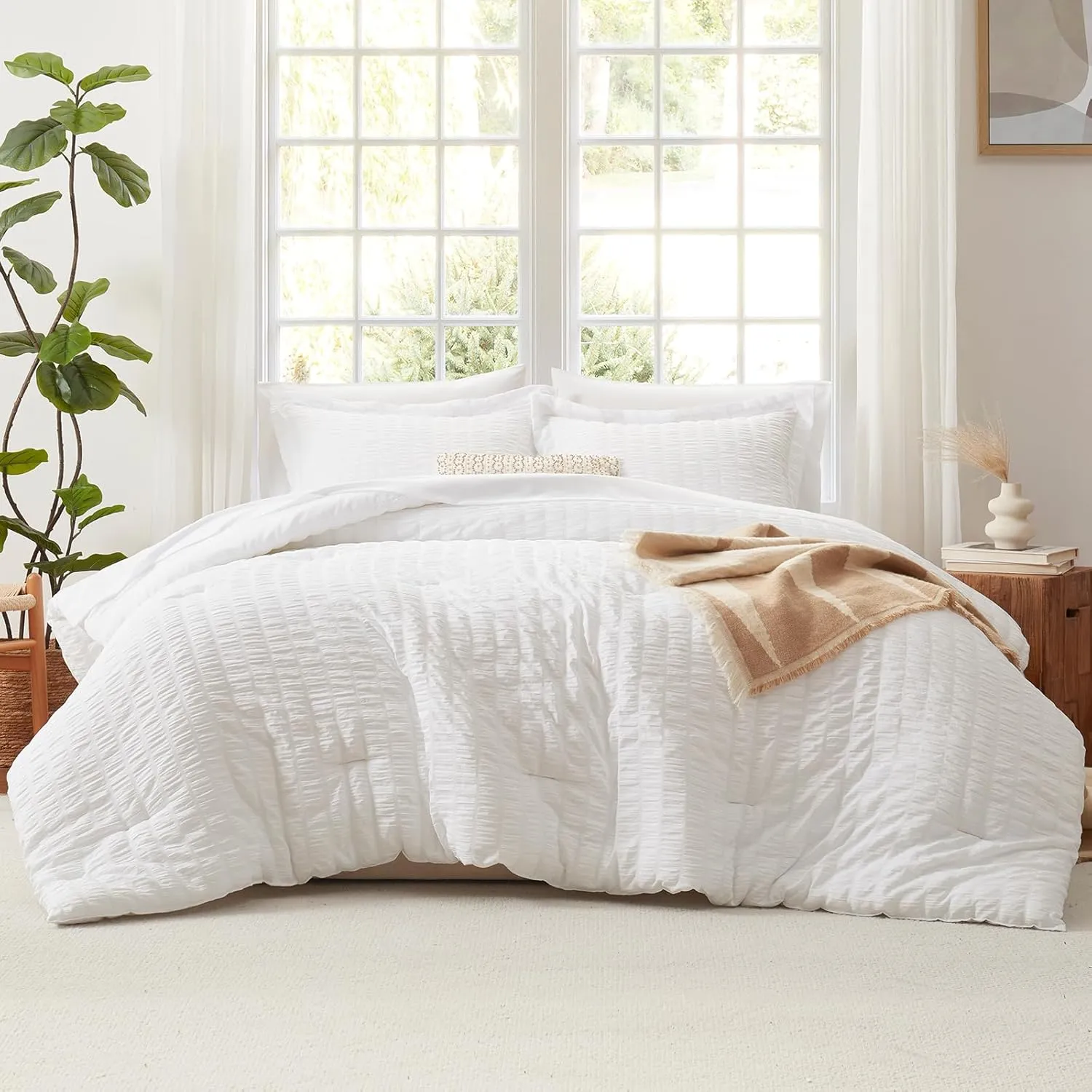 CozyLux Twin Bed in a Bag White Seersucker Textured Comforter Set with Sheets 5-Pieces for Girls and Boys - Bedding Sets with Comforter, Pillow Sham, Flat Sheet, Fitted Sheet, Pillowcase