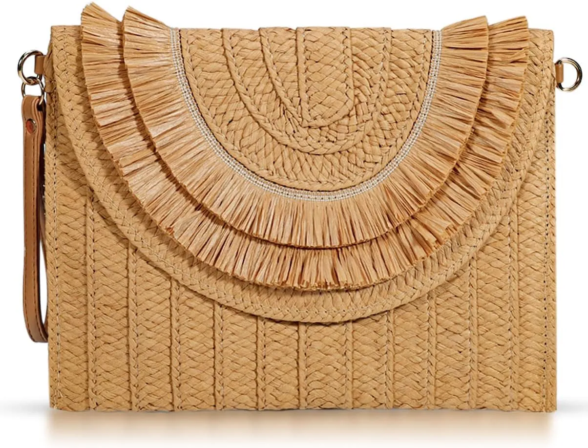 Crossbody Bags for Women, Straw Clutch Purses, Bohemian Handmade Woven Envelope Package, Tassel Handbags for Women