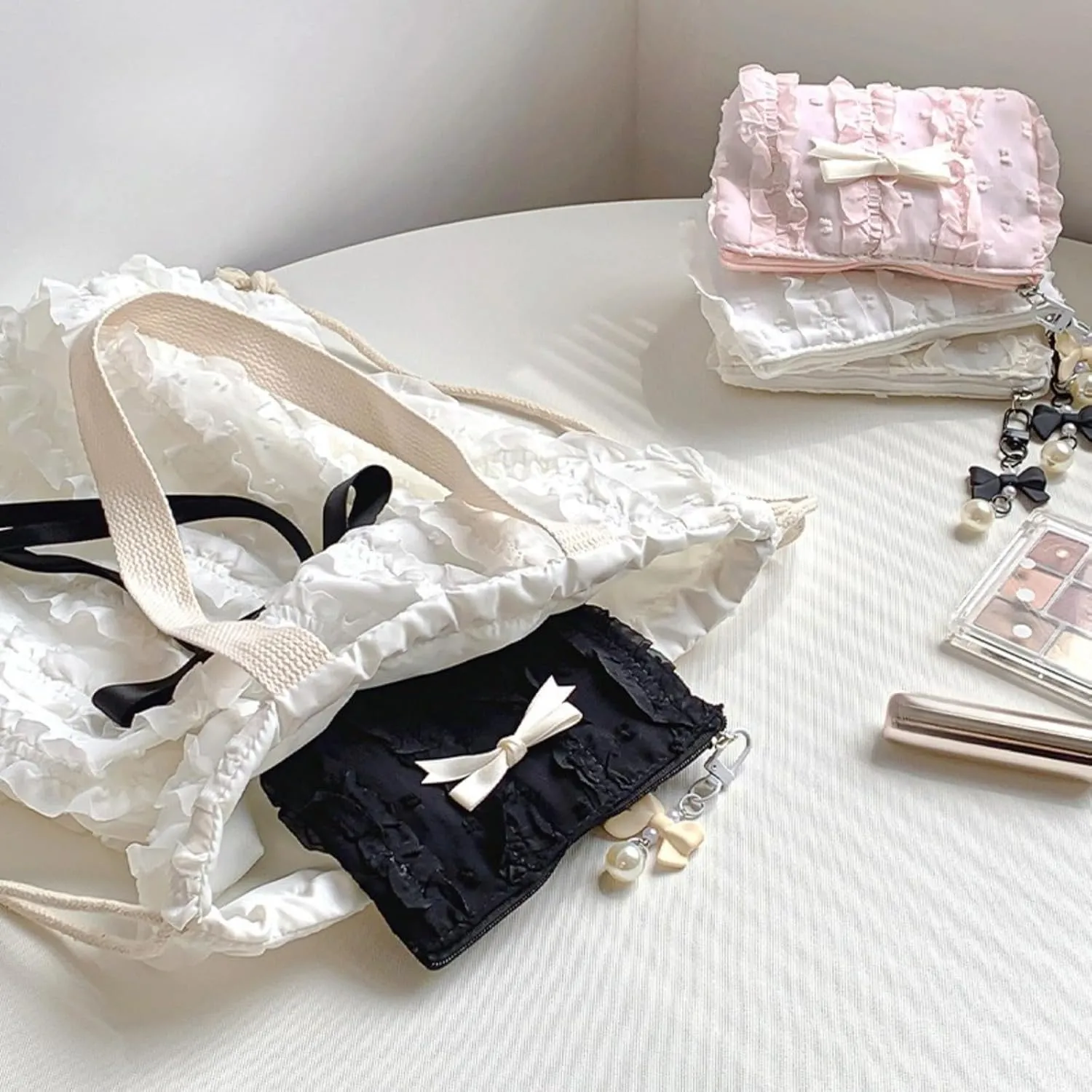 Cute Makeup Bag Lace Bow Patchwork Storage Bag Travel Make Up Organizer Bag Handbag Large Wallet Bag (Black)