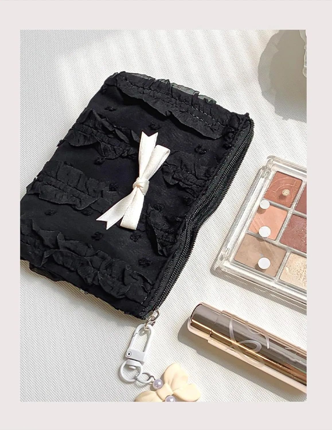 Cute Makeup Bag Lace Bow Patchwork Storage Bag Travel Make Up Organizer Bag Handbag Large Wallet Bag (Black)