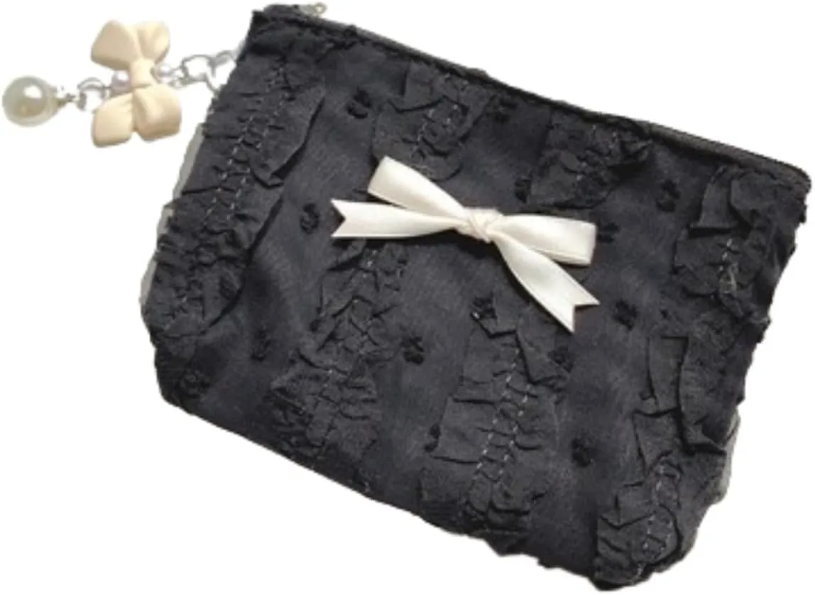 Cute Makeup Bag Lace Bow Patchwork Storage Bag Travel Make Up Organizer Bag Handbag Large Wallet Bag (Black)