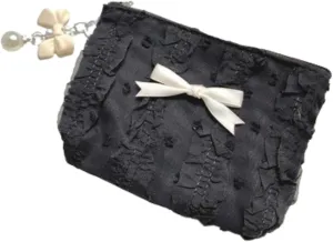 Cute Makeup Bag Lace Bow Patchwork Storage Bag Travel Make Up Organizer Bag Handbag Large Wallet Bag (Black)