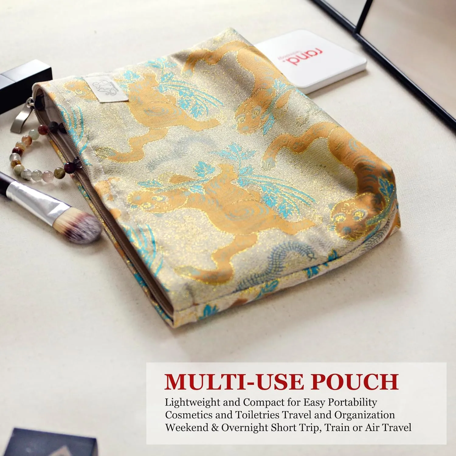 Cute Pouch Makeup Bag Cosmetic Toiletry Travel, Tote Purse Organizer, Machine Washable, Large Capacity, Champagn Golden Brown Baby Tiger