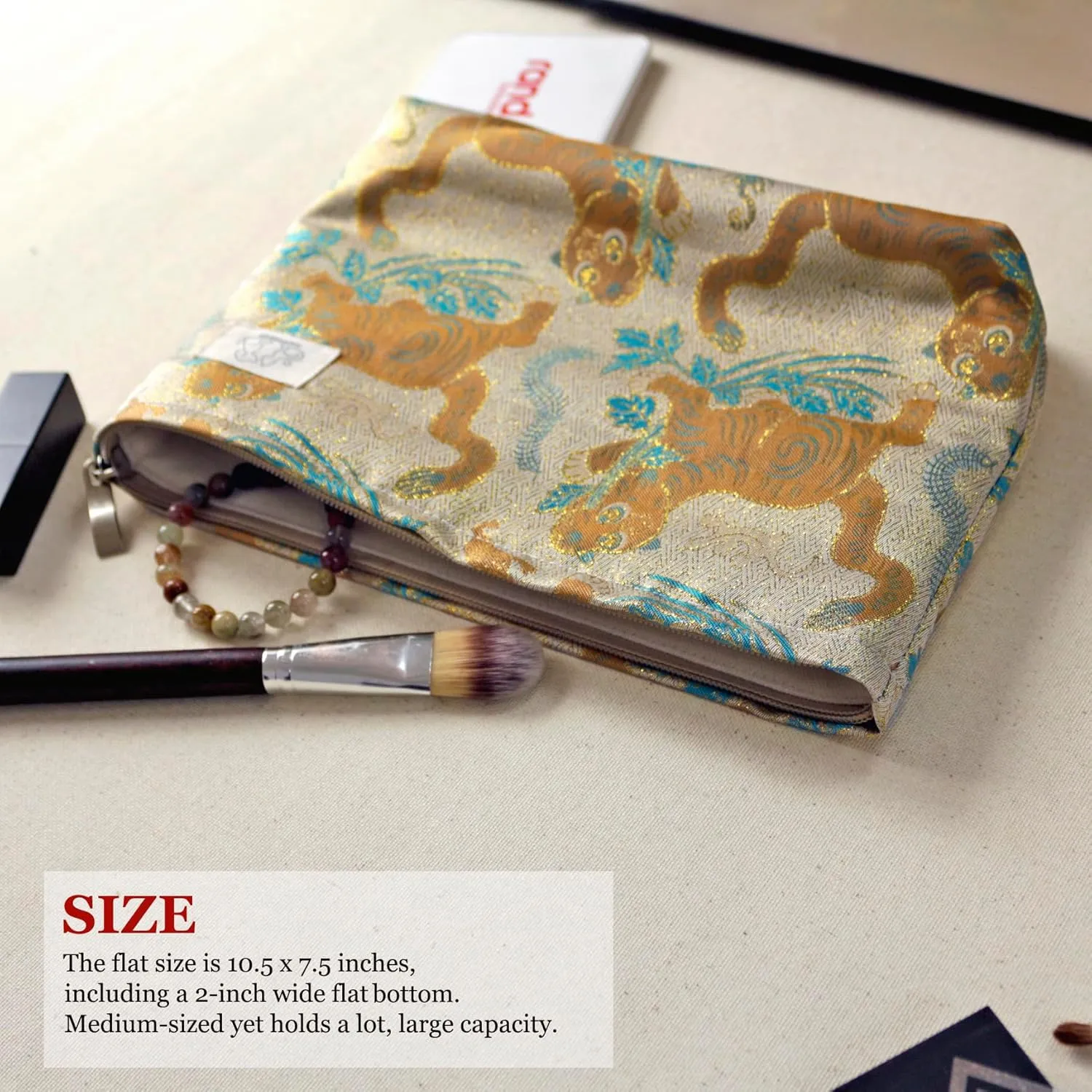 Cute Pouch Makeup Bag Cosmetic Toiletry Travel, Tote Purse Organizer, Machine Washable, Large Capacity, Champagn Golden Brown Baby Tiger