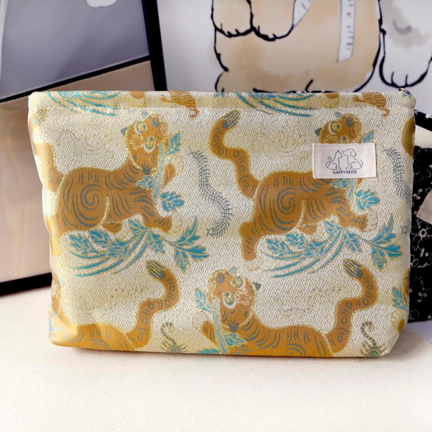 Cute Pouch Makeup Bag Cosmetic Toiletry Travel, Tote Purse Organizer, Machine Washable, Large Capacity, Champagn Golden Brown Baby Tiger