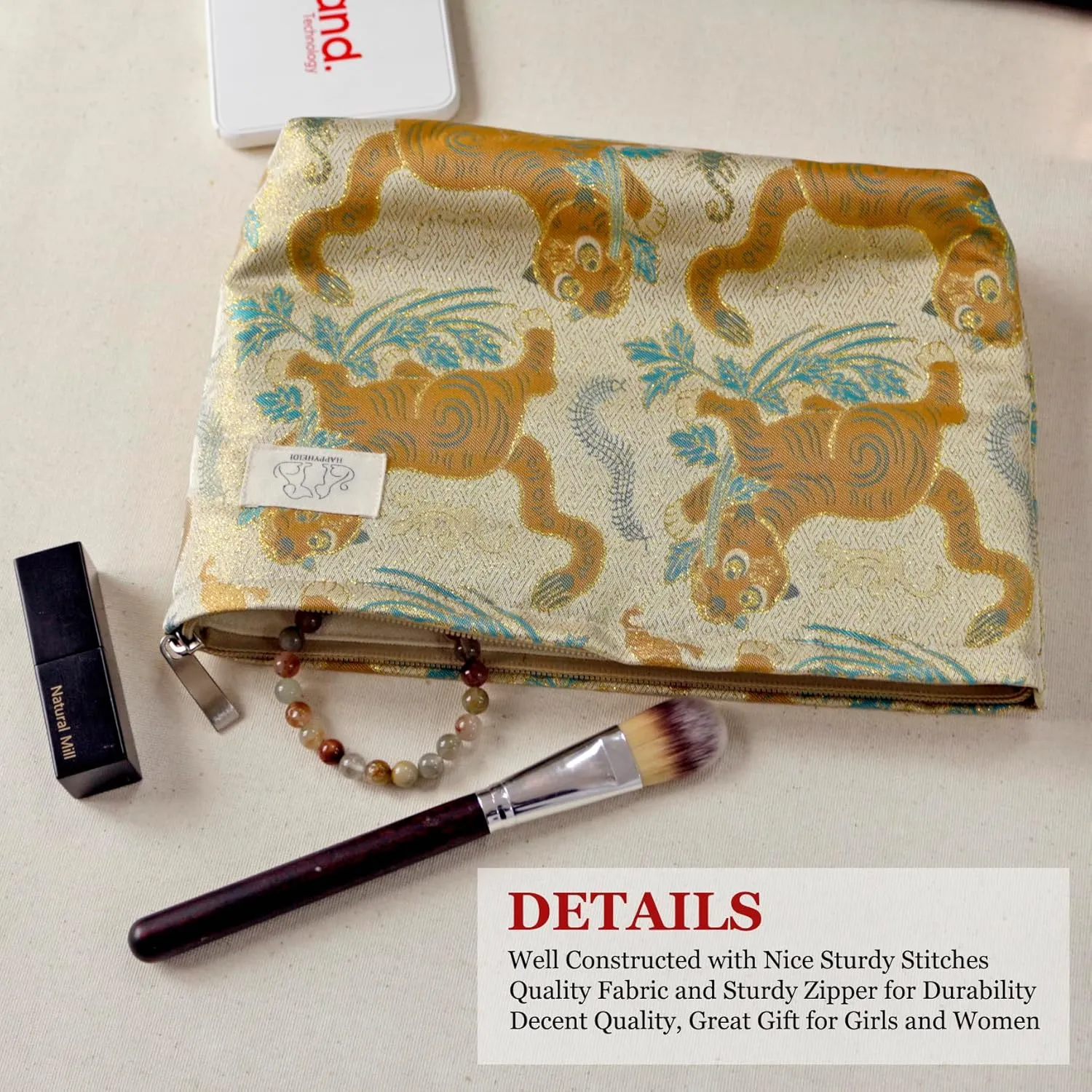 Cute Pouch Makeup Bag Cosmetic Toiletry Travel, Tote Purse Organizer, Machine Washable, Large Capacity, Champagn Golden Brown Baby Tiger