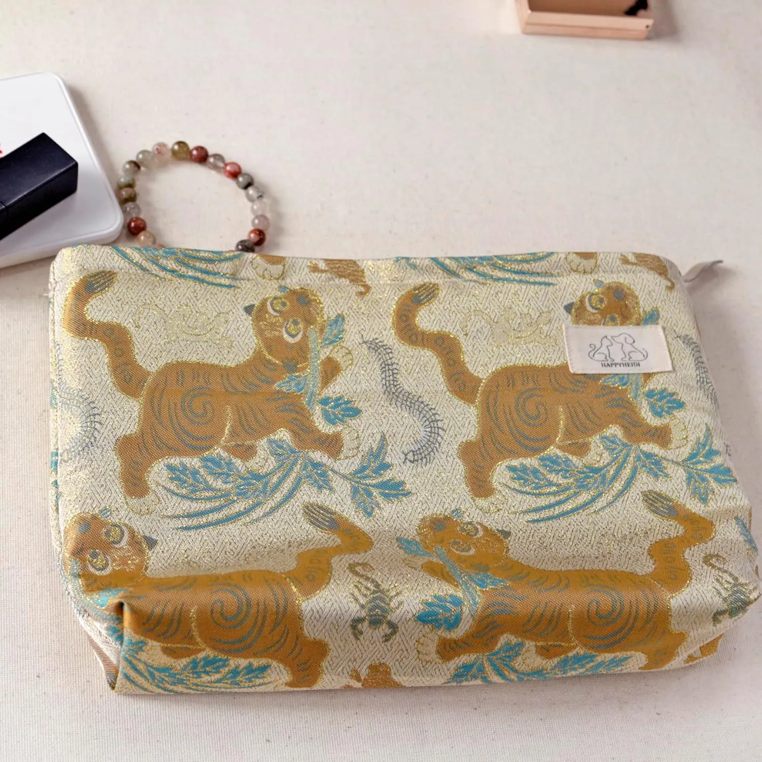 Cute Pouch Makeup Bag Cosmetic Toiletry Travel, Tote Purse Organizer, Machine Washable, Large Capacity, Champagn Golden Brown Baby Tiger