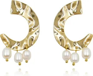 CW womens 18K gold-plated C-shaped Pearl dangle earrings, elegant and stylish natural freshwater pearl large dangle earrings for womens trend