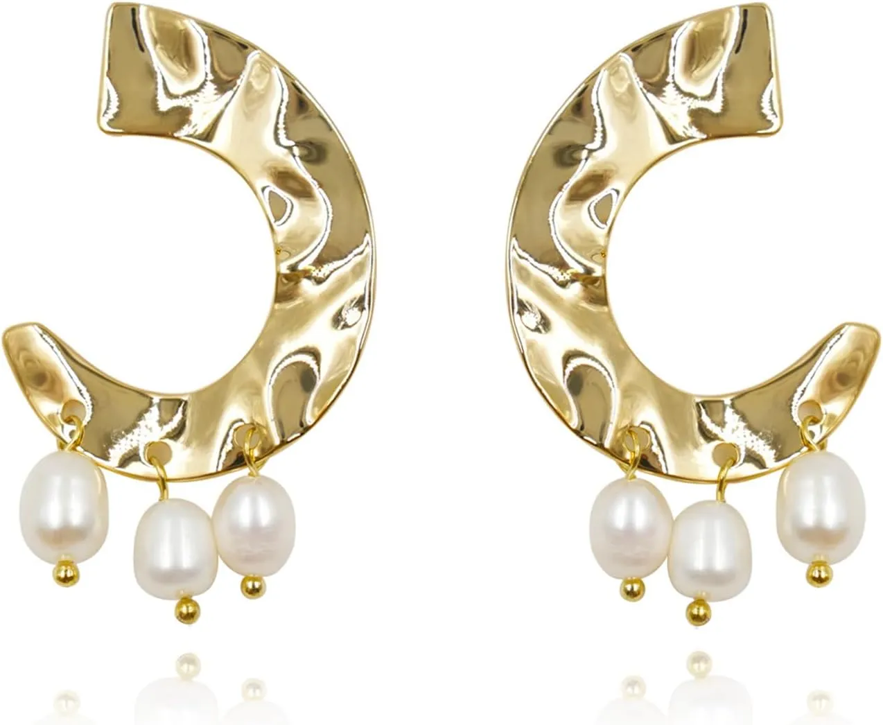 CW womens 18K gold-plated C-shaped Pearl dangle earrings, elegant and stylish natural freshwater pearl large dangle earrings for womens trend