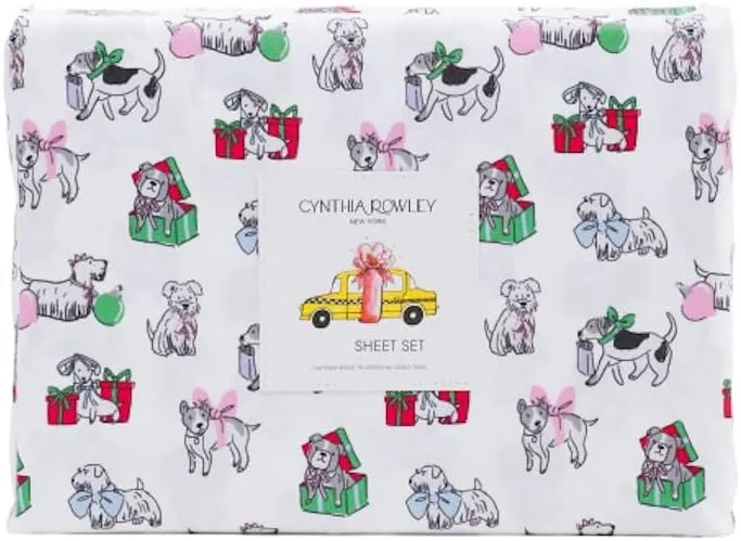 Cynthia Rowley New York Christmas Winter Sheet Set (Puppy Cheer, Twin)