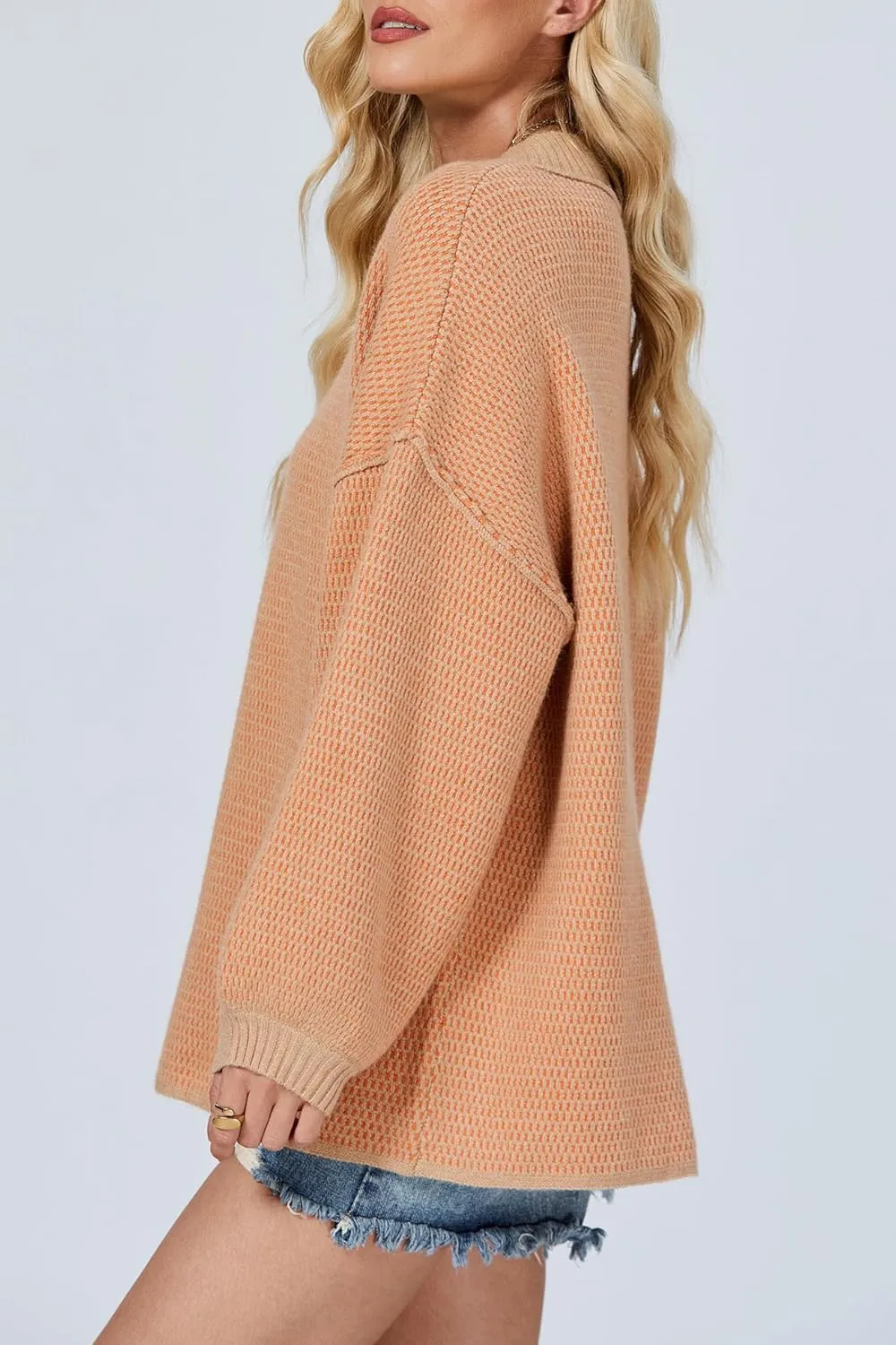 D-Sun Women's Oversized Sweater V Neck Cable Knit Pullover Casual Elegant Ribbed Drop Shoulder Sweater Jumper