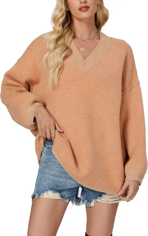 D-Sun Women's Oversized Sweater V Neck Cable Knit Pullover Casual Elegant Ribbed Drop Shoulder Sweater Jumper
