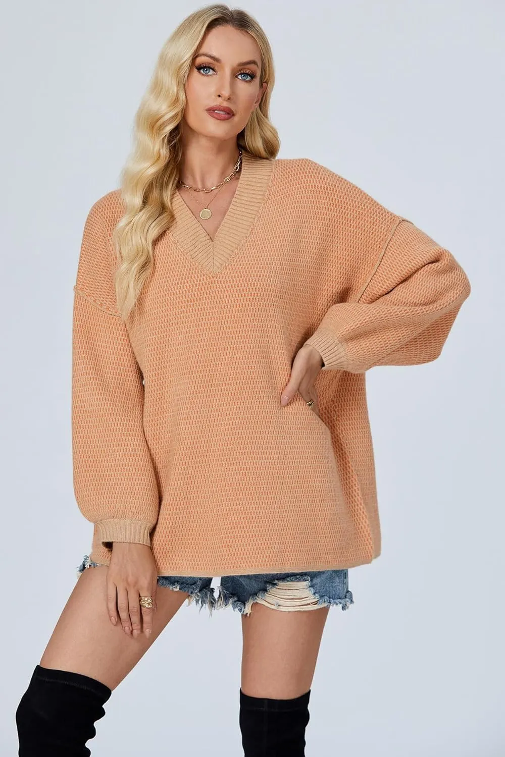 D-Sun Women's Oversized Sweater V Neck Cable Knit Pullover Casual Elegant Ribbed Drop Shoulder Sweater Jumper
