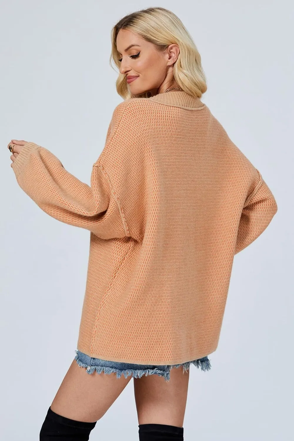 D-Sun Women's Oversized Sweater V Neck Cable Knit Pullover Casual Elegant Ribbed Drop Shoulder Sweater Jumper