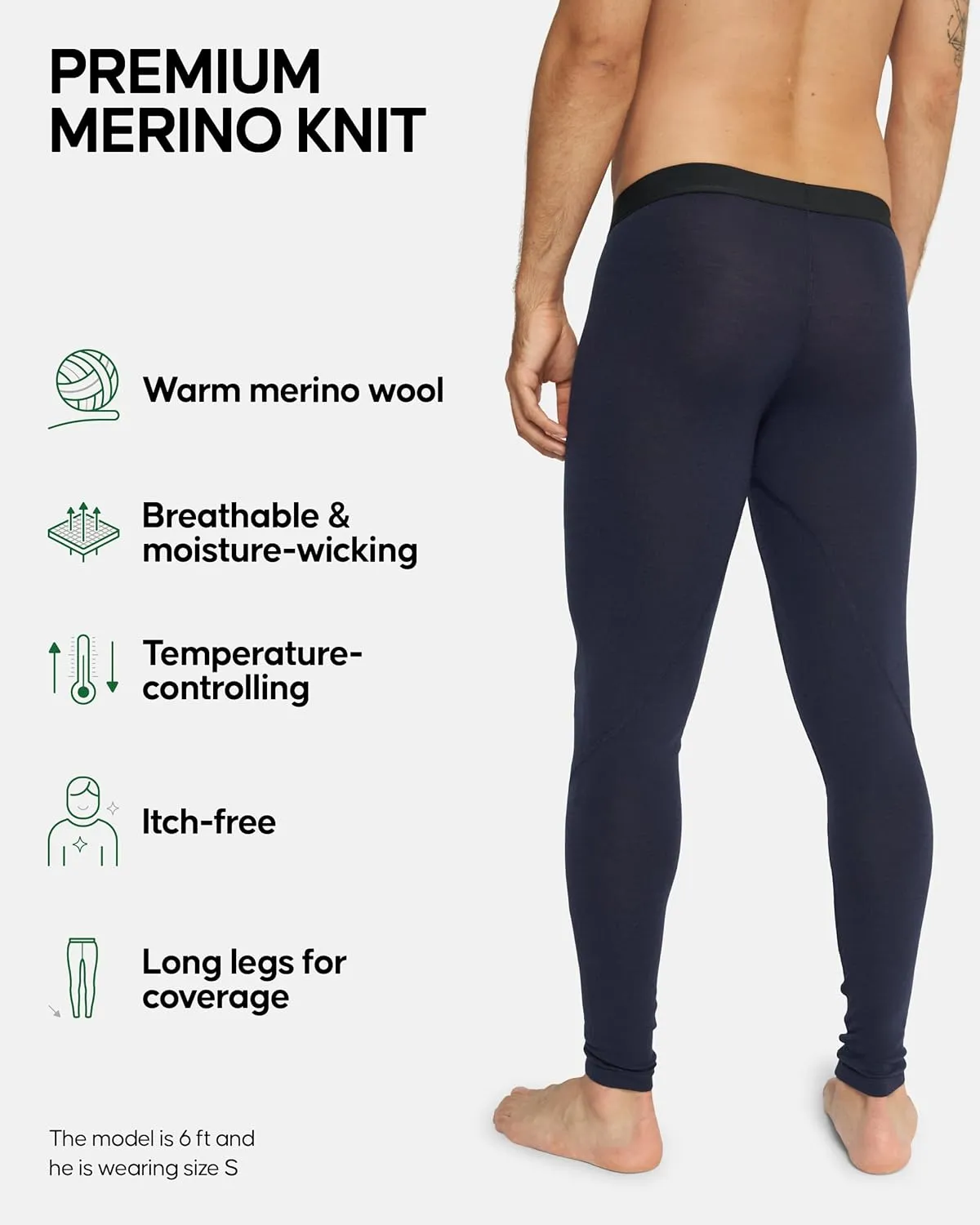 DANISH ENDURANCE Merino Wool Base Layer Pants for Men, Thermal Long Johns