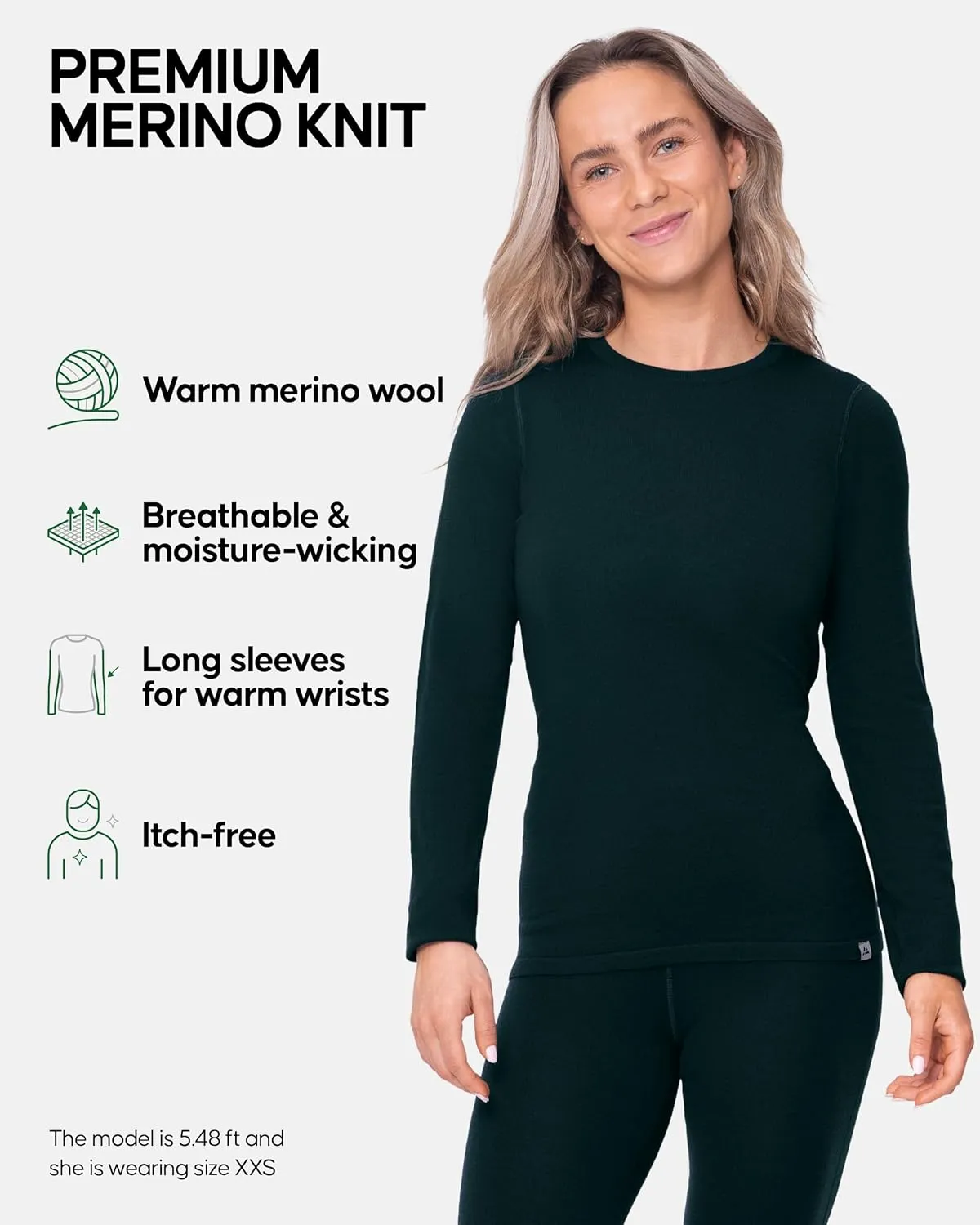DANISH ENDURANCE Merino Wool Long Sleeve for Women, Thermal Vests for Women, Base Layer Underwear Tops, Winter Thermals