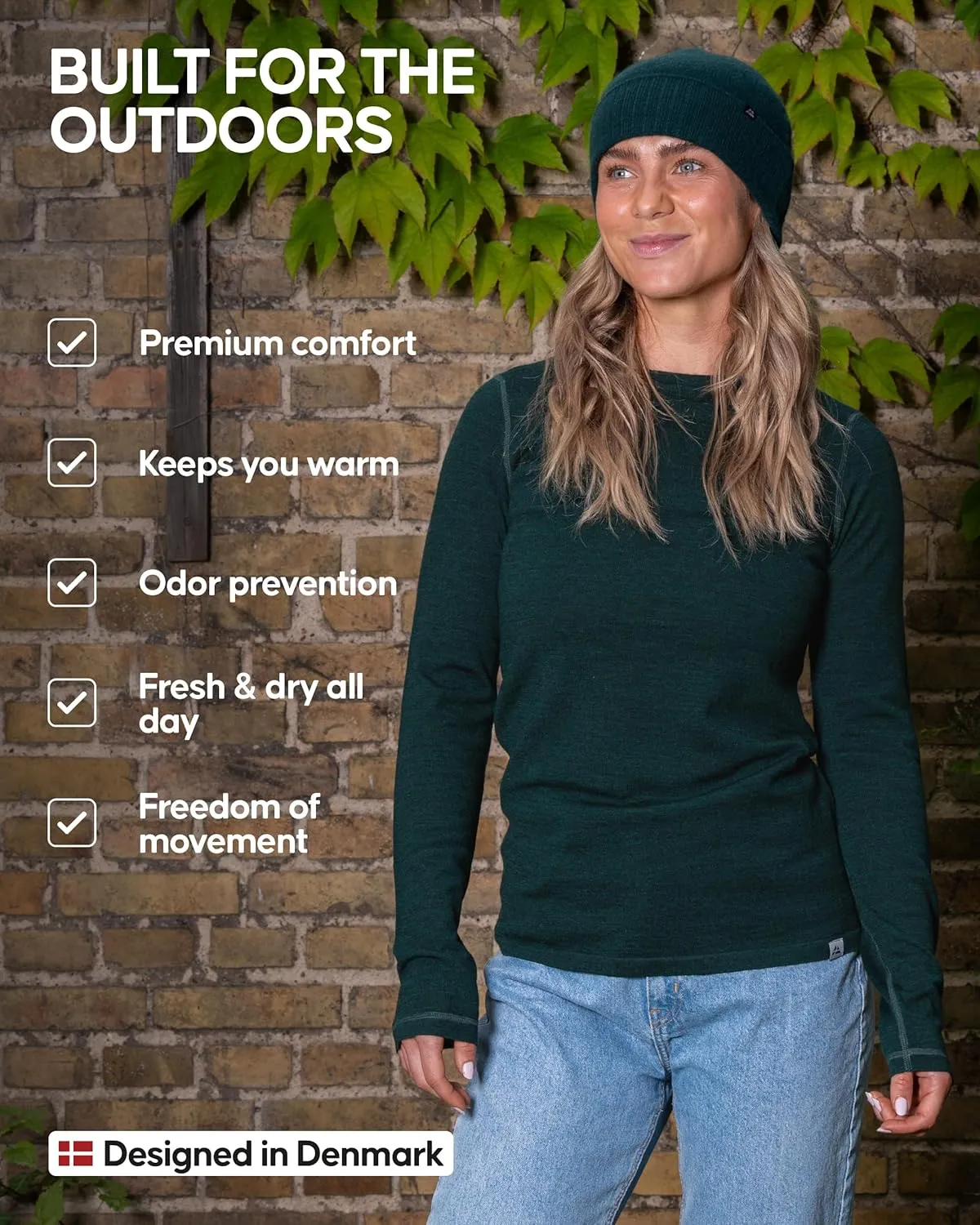 DANISH ENDURANCE Merino Wool Long Sleeve for Women, Thermal Vests for Women, Base Layer Underwear Tops, Winter Thermals
