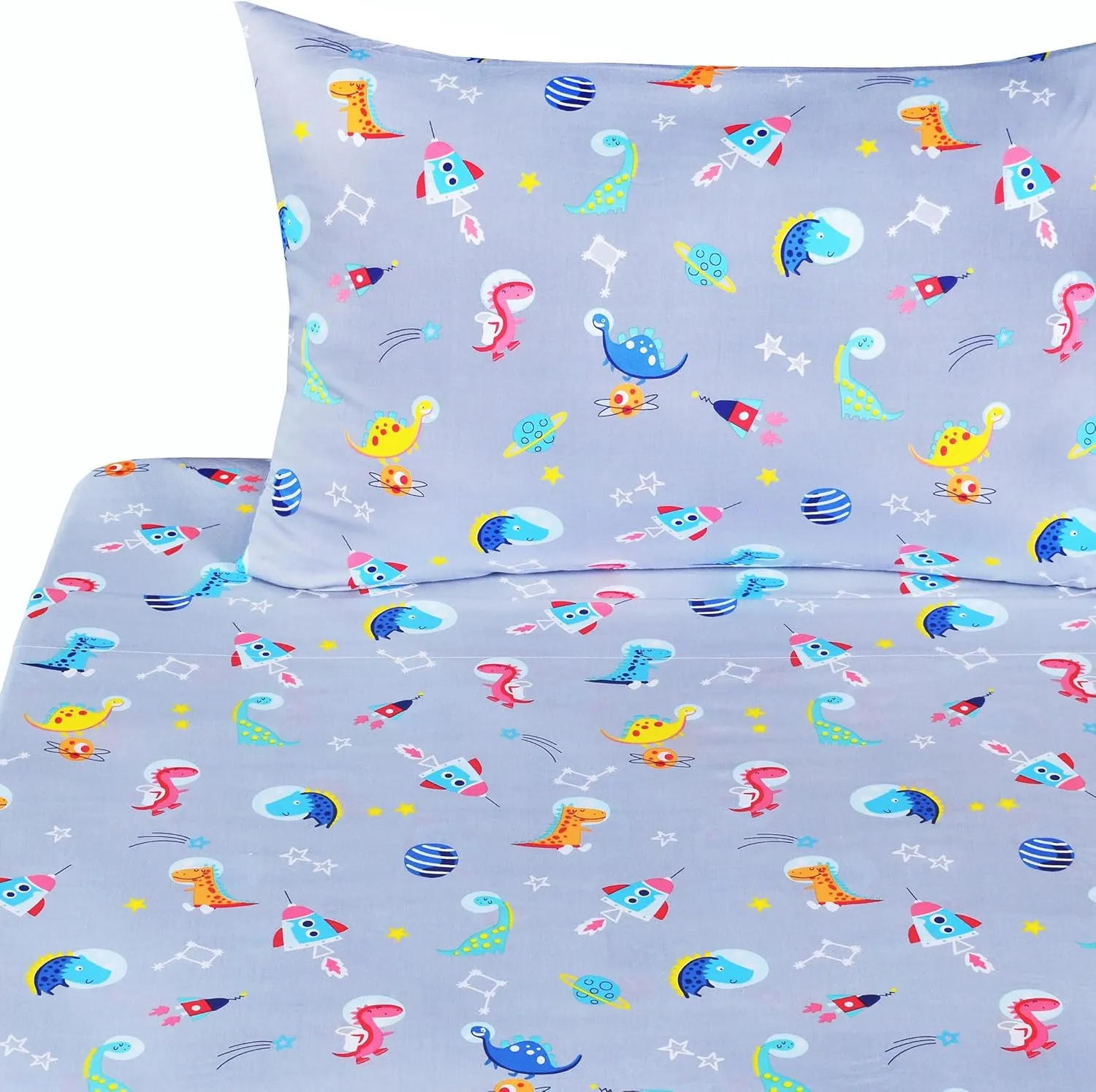 Dinosaur Interstellar Exploration Universe Space Cute Adorable Twin Sheet Set for Kids Girls Boys Children,100% Cotton, Flat Sheet   Fitted Sheet   Pillowcase Bedding Decoration Gift Set