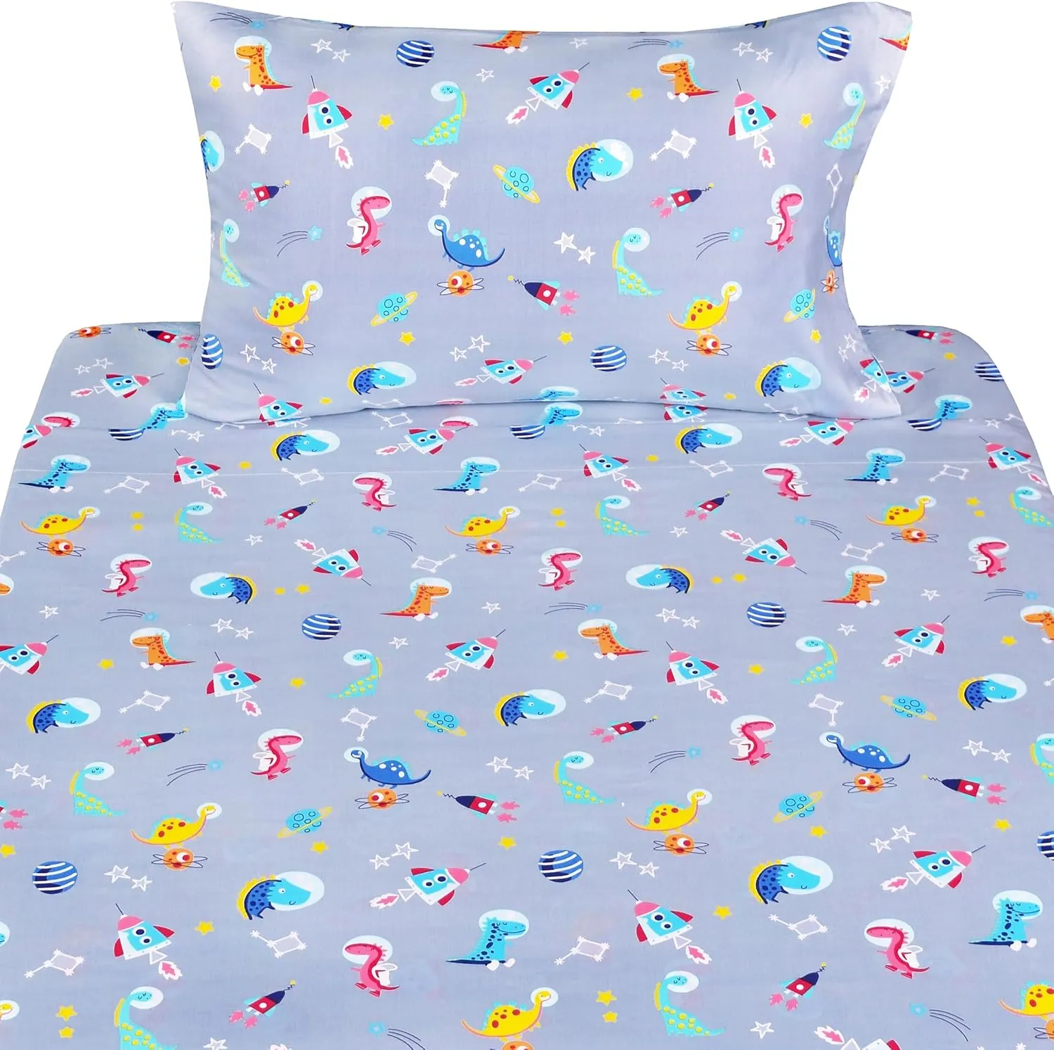Dinosaur Interstellar Exploration Universe Space Cute Adorable Twin Sheet Set for Kids Girls Boys Children,100% Cotton, Flat Sheet   Fitted Sheet   Pillowcase Bedding Decoration Gift Set