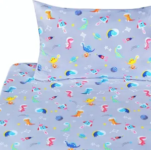 Dinosaur Interstellar Exploration Universe Space Cute Adorable Twin Sheet Set for Kids Girls Boys Children,100% Cotton, Flat Sheet   Fitted Sheet   Pillowcase Bedding Decoration Gift Set