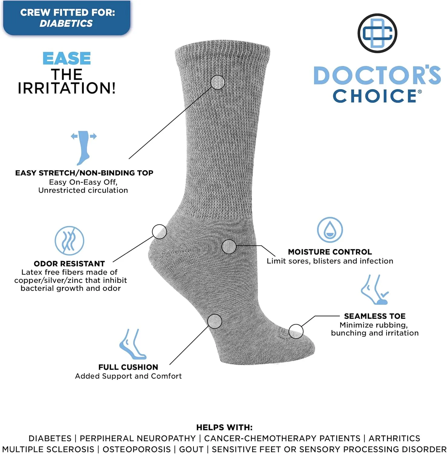 Doctor's Choice womens Crew Socks, Shoe Size 4-10, Sock Size 9-11