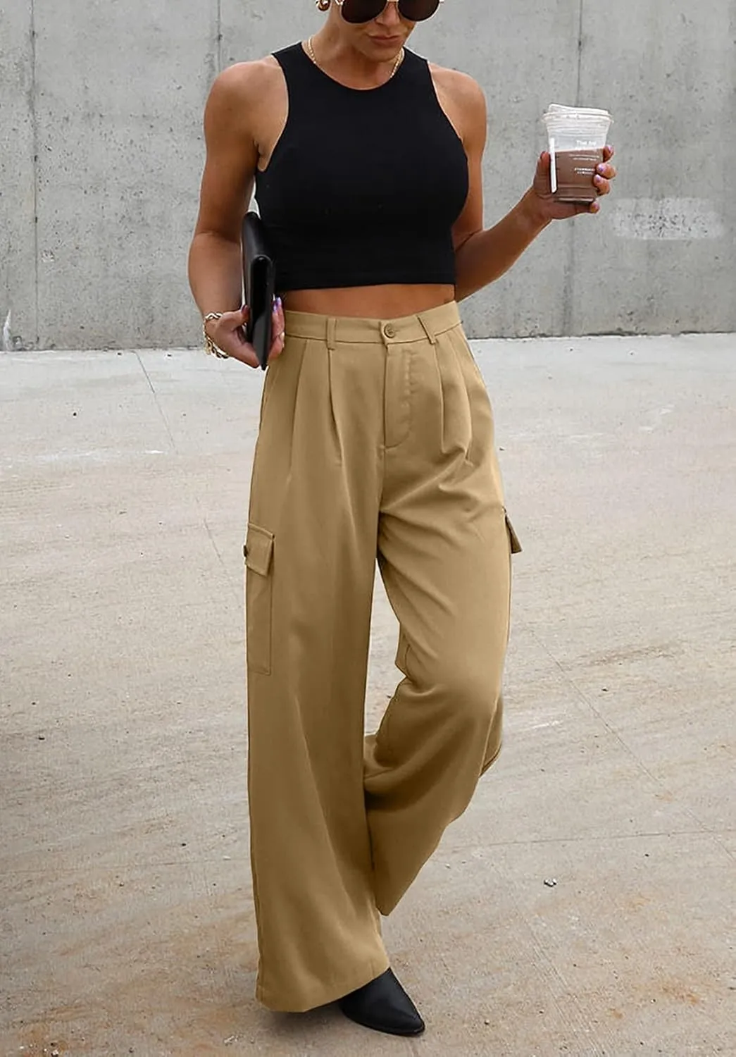 Dokotoo Womens High Waisted Wide Leg Cargo Pants Baggy Casual Trendy Work Pants with 4 Pockets