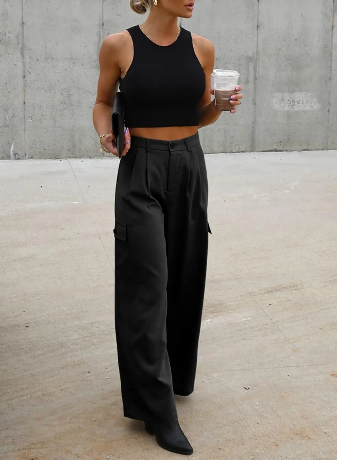 Dokotoo Womens High Waisted Wide Leg Cargo Pants Baggy Casual Trendy Work Pants with 4 Pockets