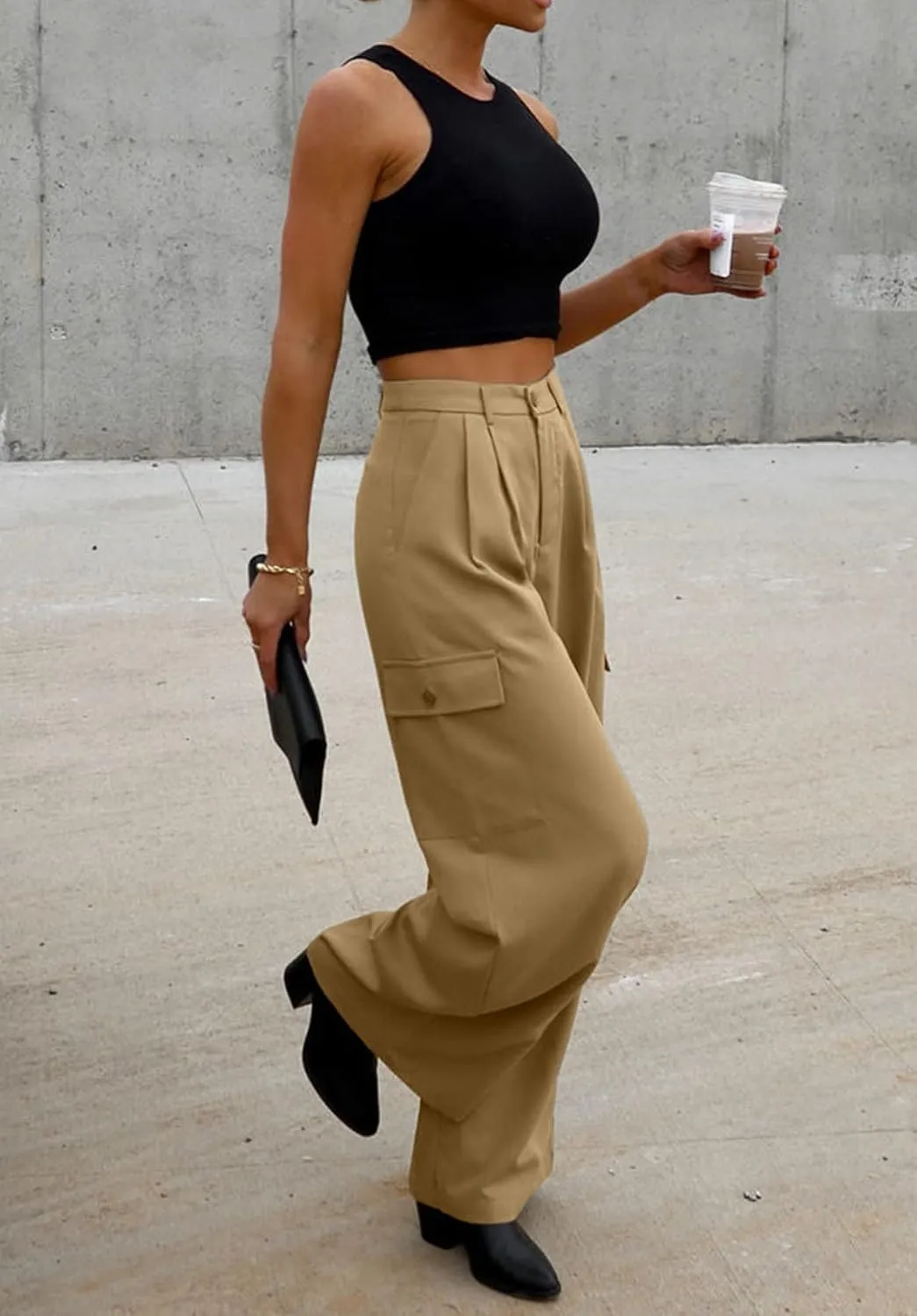 Dokotoo Womens High Waisted Wide Leg Cargo Pants Baggy Casual Trendy Work Pants with 4 Pockets