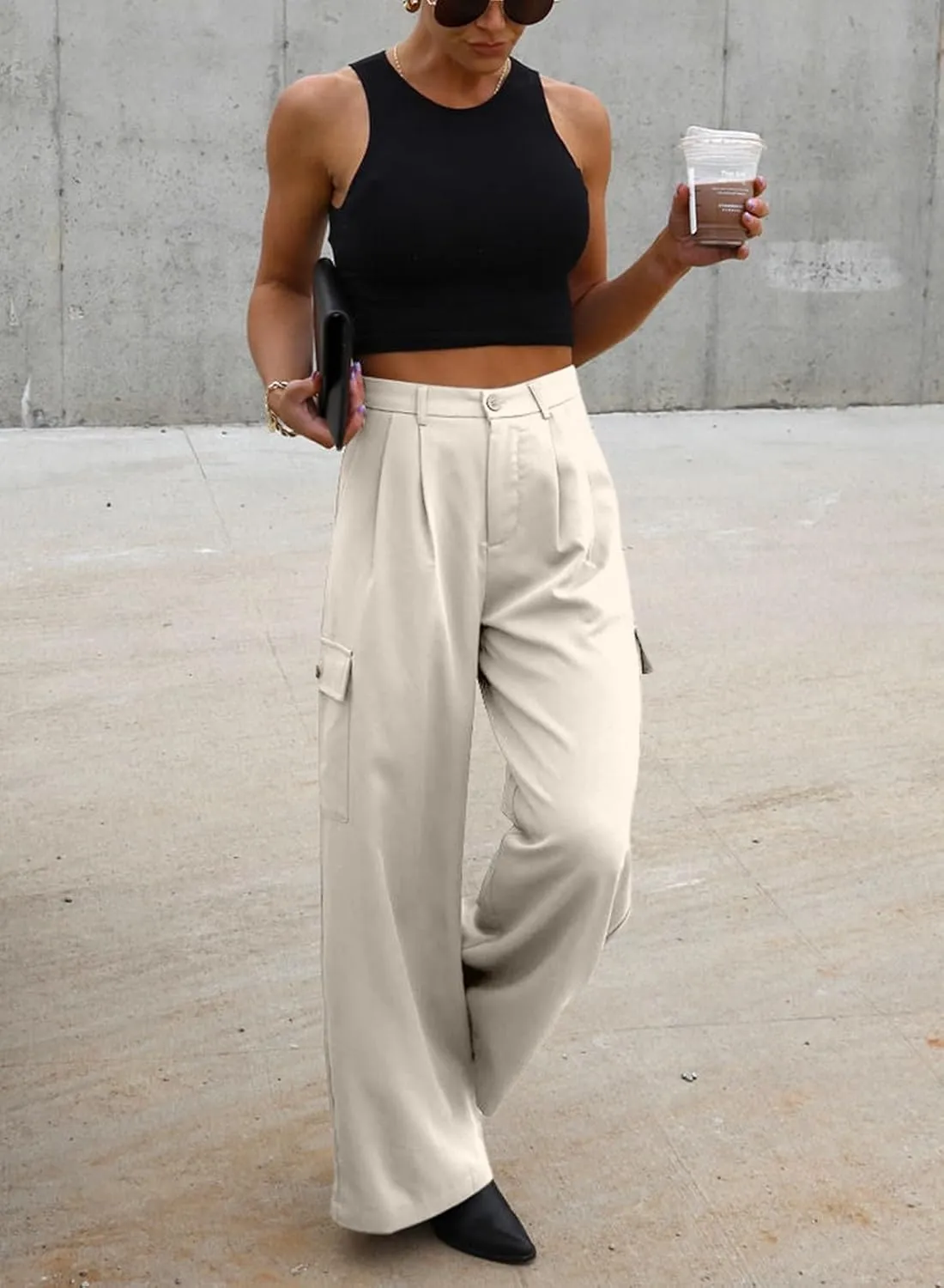 Dokotoo Womens High Waisted Wide Leg Cargo Pants Baggy Casual Trendy Work Pants with 4 Pockets