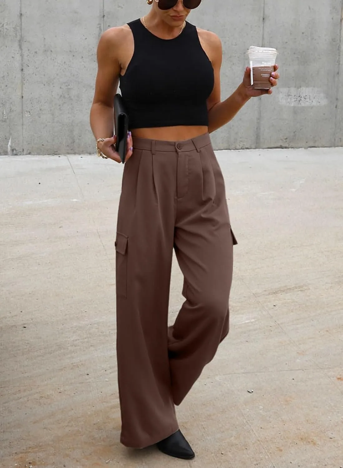 Dokotoo Womens High Waisted Wide Leg Cargo Pants Baggy Casual Trendy Work Pants with 4 Pockets