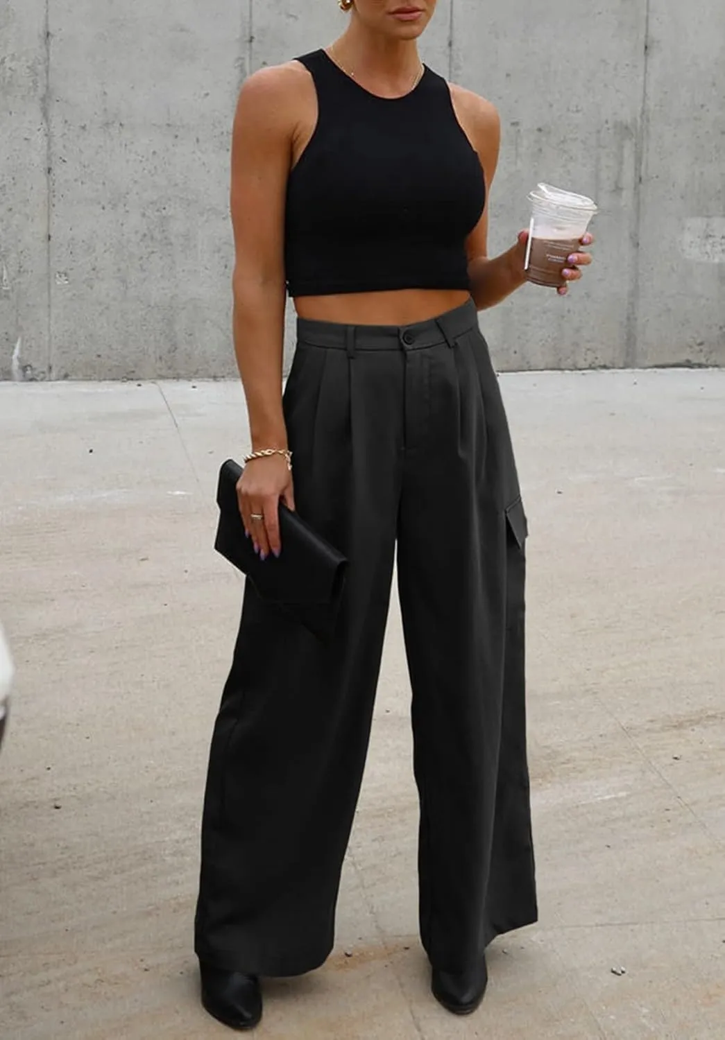Dokotoo Womens High Waisted Wide Leg Cargo Pants Baggy Casual Trendy Work Pants with 4 Pockets
