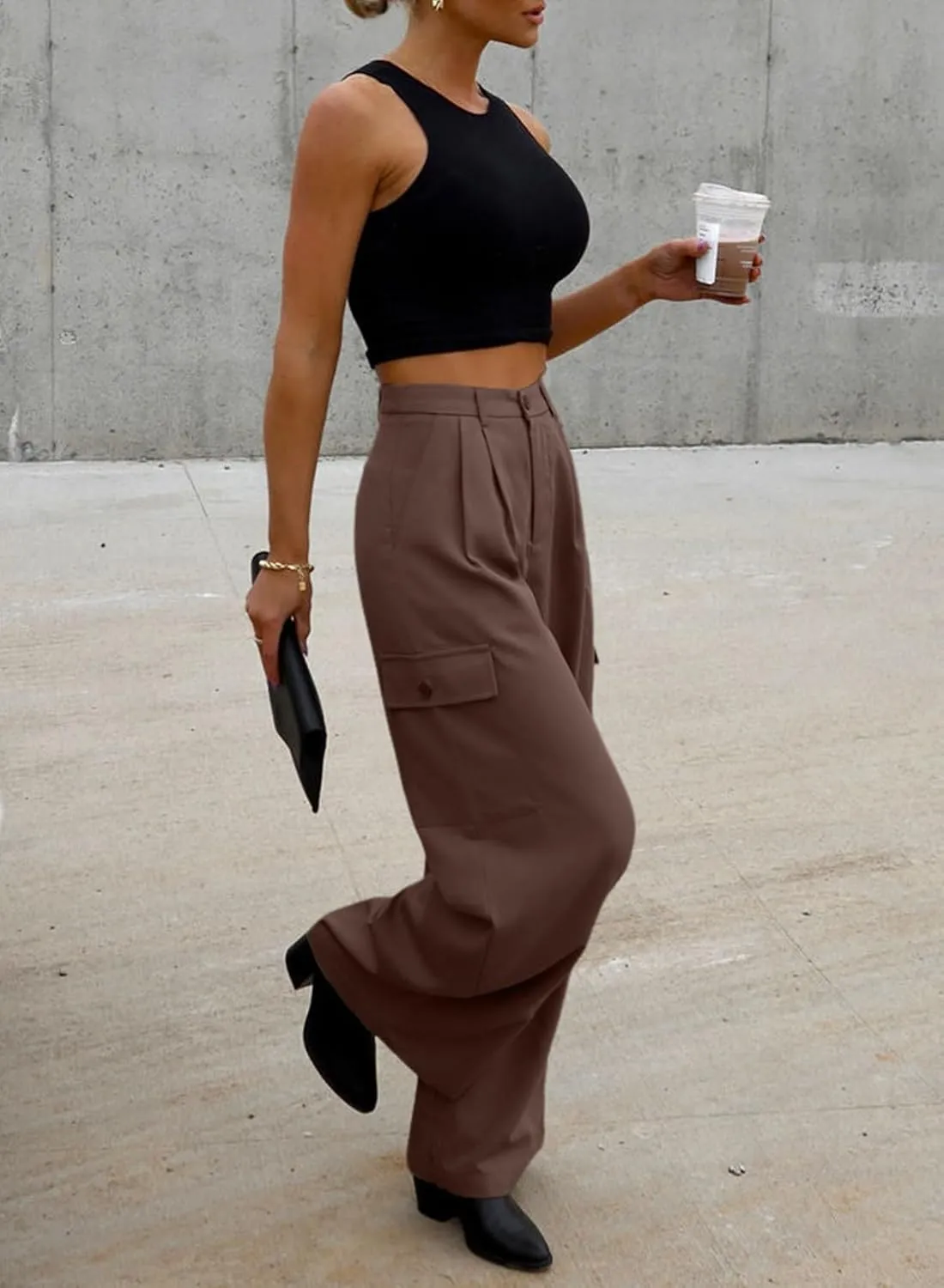 Dokotoo Womens High Waisted Wide Leg Cargo Pants Baggy Casual Trendy Work Pants with 4 Pockets