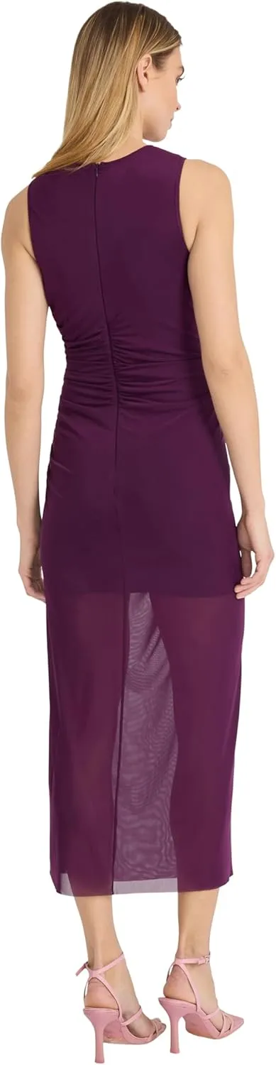 Donna Morgan Elegant Ruched Sleeveless Midi Sheer Overlay-Cocktail Dresses for Women