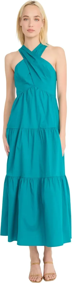 Donna Morgan Women's Halter Neck Tiered Midi Summer Empire Waist and Crossover Neckline-Elegant Wedding Guest Maxi Dress
