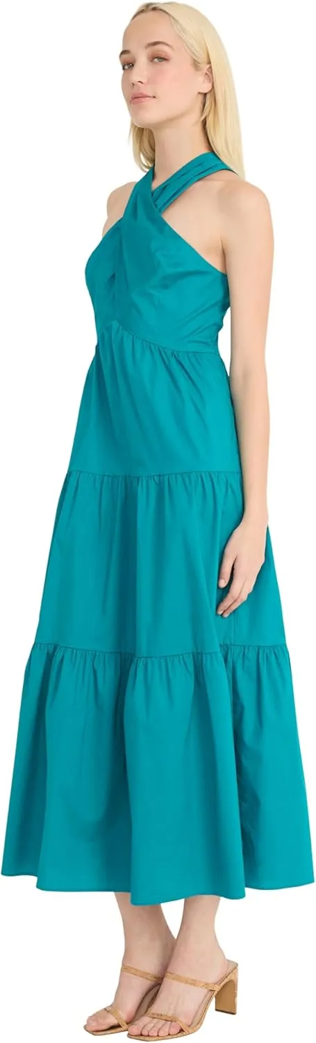 Donna Morgan Women's Halter Neck Tiered Midi Summer Empire Waist and Crossover Neckline-Elegant Wedding Guest Maxi Dress