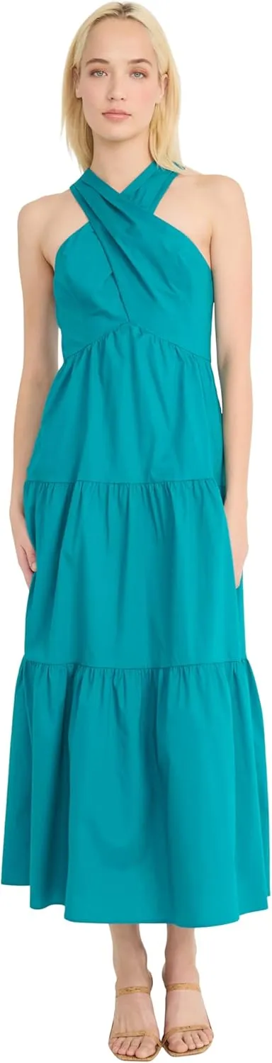 Donna Morgan Women's Halter Neck Tiered Midi Summer Empire Waist and Crossover Neckline-Elegant Wedding Guest Maxi Dress