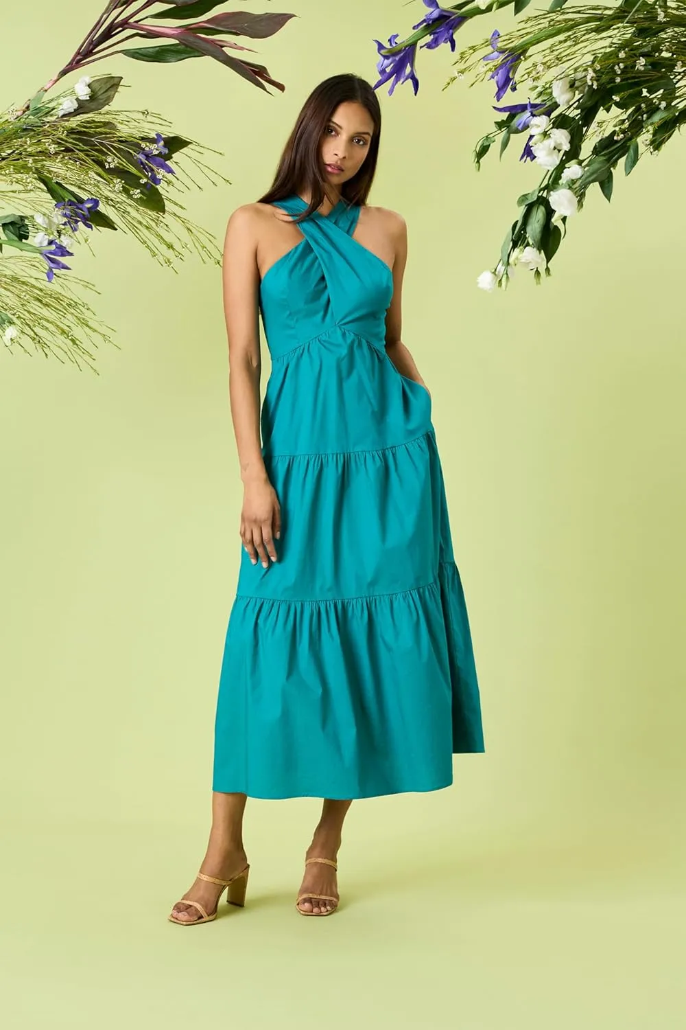 Donna Morgan Women's Halter Neck Tiered Midi Summer Empire Waist and Crossover Neckline-Elegant Wedding Guest Maxi Dress