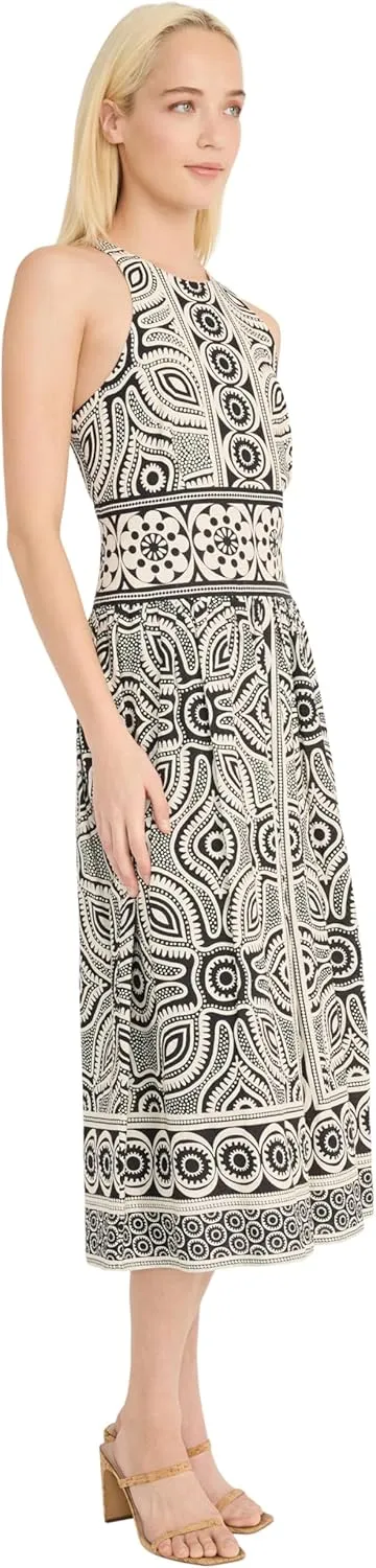 Donna Morgan Women's Printed Linen Rayon Midi Sleeveless High Neck Elegant A-line Wedding Guest Dress