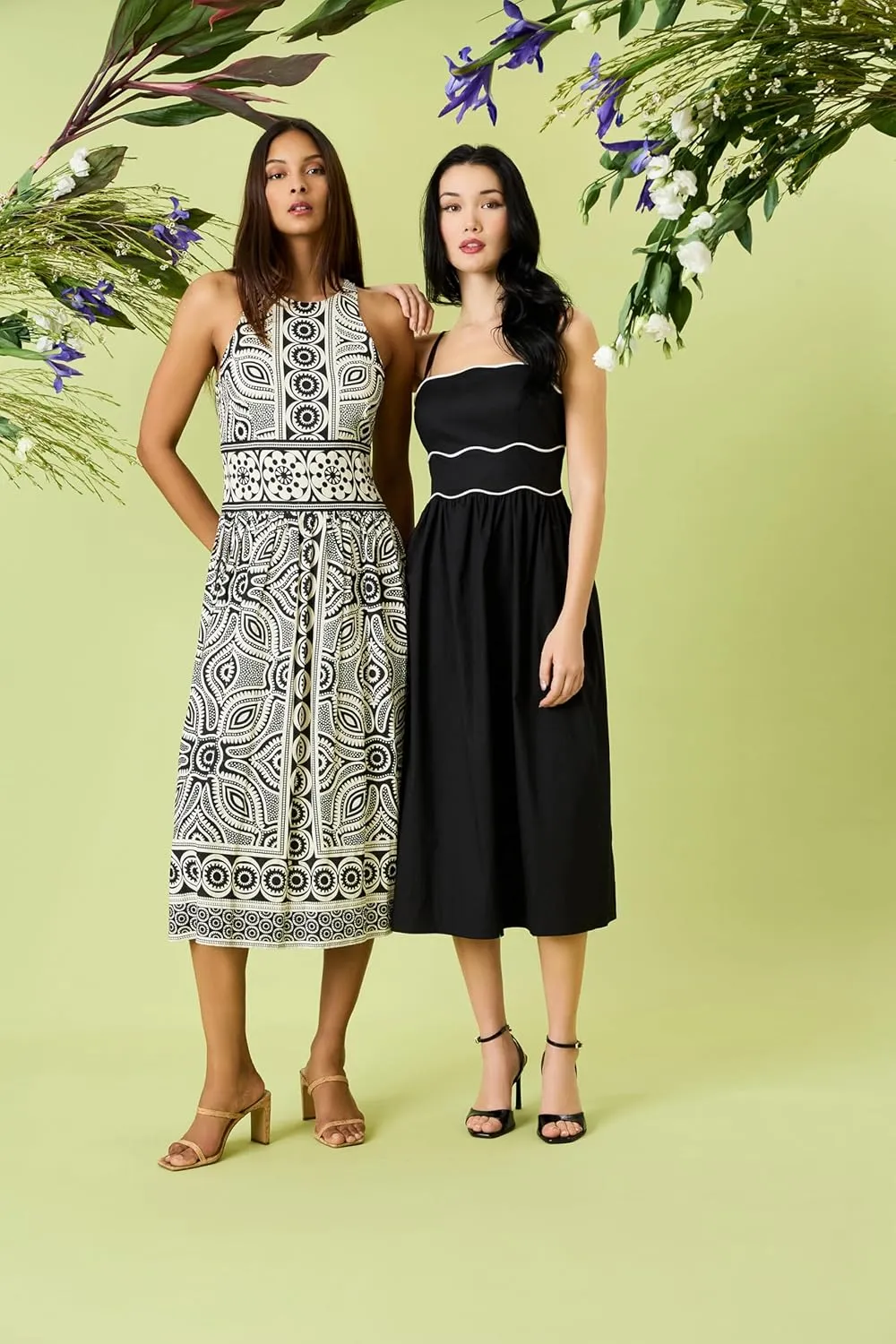 Donna Morgan Women's Printed Linen Rayon Midi Sleeveless High Neck Elegant A-line Wedding Guest Dress