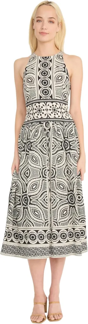 Donna Morgan Women's Printed Linen Rayon Midi Sleeveless High Neck Elegant A-line Wedding Guest Dress