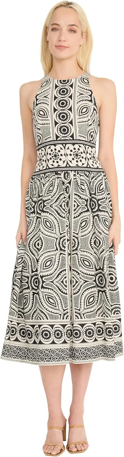 Donna Morgan Women's Printed Linen Rayon Midi Sleeveless High Neck Elegant A-line Wedding Guest Dress