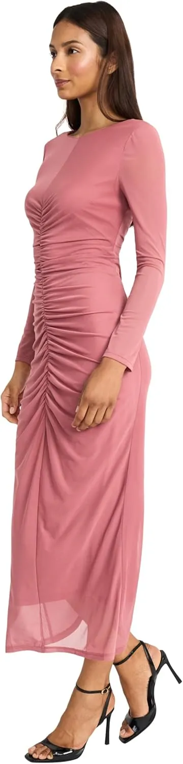 Donna Morgan Women's Ruched Maxi Long Sleeve Formal Gown with Side Slit-Elegant Evening Dress