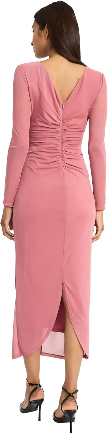 Donna Morgan Women's Ruched Maxi Long Sleeve Formal Gown with Side Slit-Elegant Evening Dress