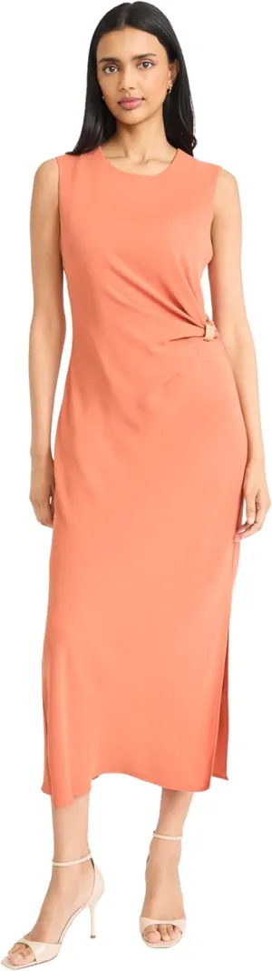Donna Morgan Women's Sleeveless Gathered Side Midi Metallic Hardware Accent with Keyhole Back-Elegant Formal Evening Dress