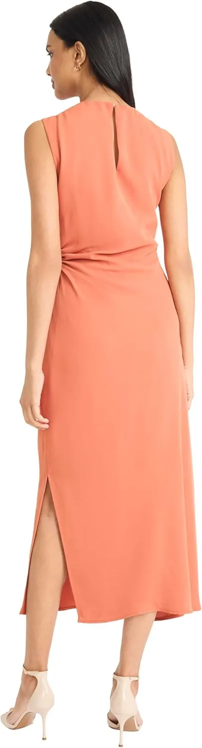 Donna Morgan Women's Sleeveless Gathered Side Midi Metallic Hardware Accent with Keyhole Back-Elegant Formal Evening Dress