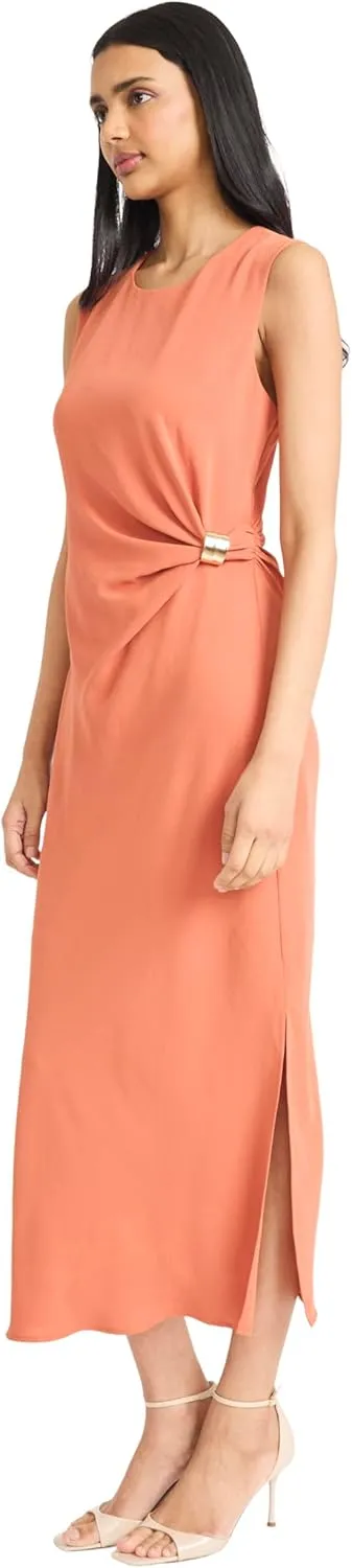 Donna Morgan Women's Sleeveless Gathered Side Midi Metallic Hardware Accent with Keyhole Back-Elegant Formal Evening Dress
