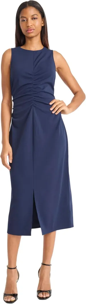 Donna Morgan Women's Sleeveless Ruched Midi Sheath Dress-Front Slit Design-Elegant Scuba Crepe Wedding Guest Attire